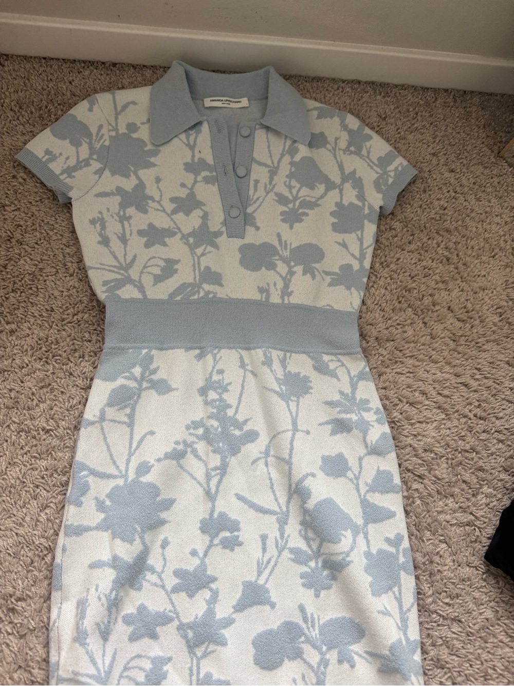 Amanda Uprichard Pale Blue and White Floral Knit Midi Dress